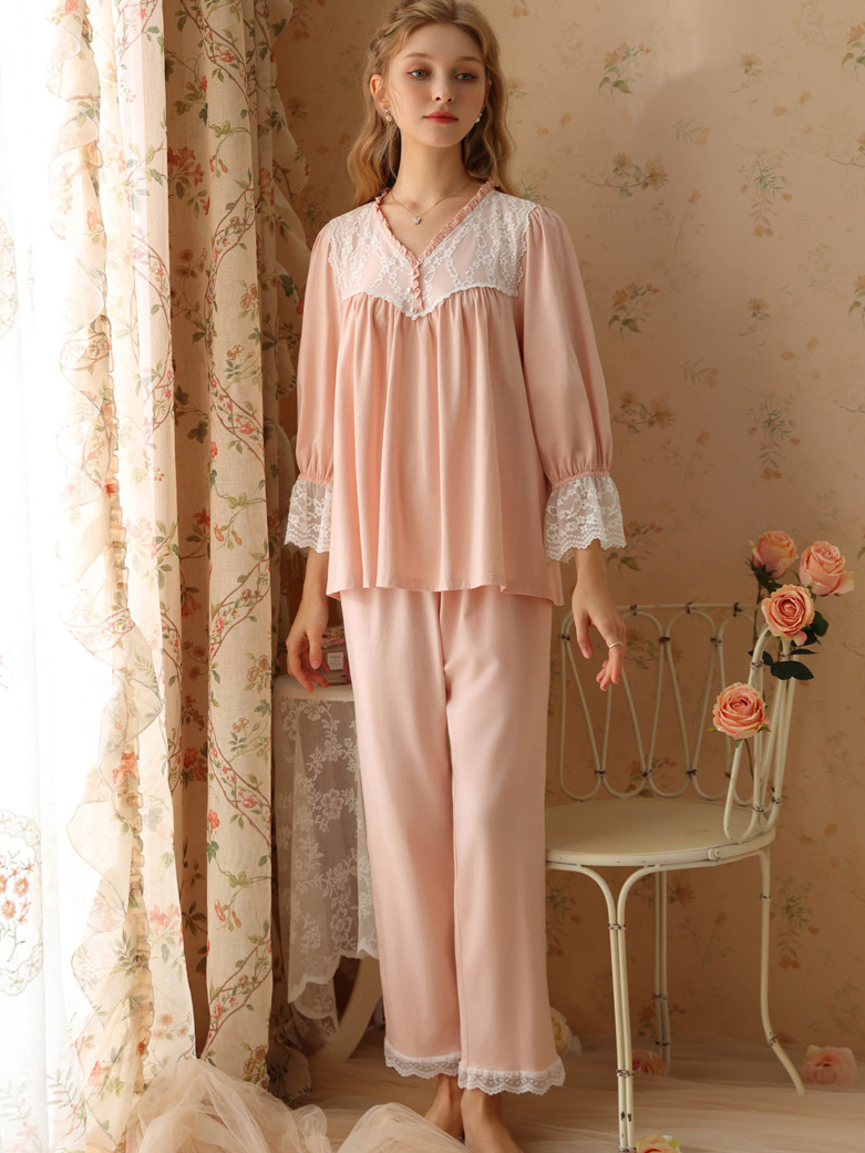 Lace Cotton V Neck Casual  Long Sleeve Pajama Set