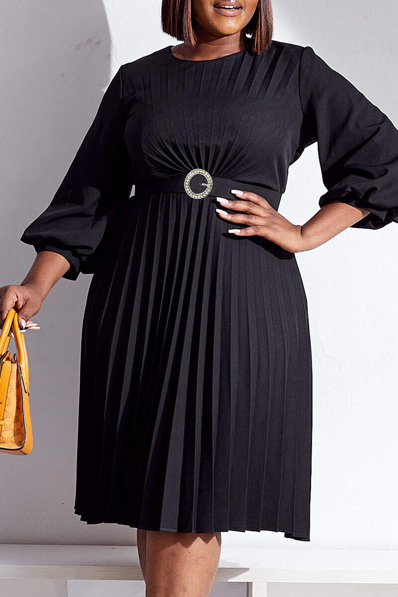 Black Casual Elegant Solid Patchwork Fold With Belt O Neck Straight Dresses(Contain The Belt)