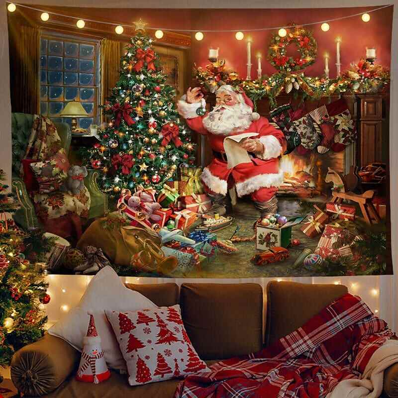 Christmas Decor LED Lights Wall Tapestry Fireplace Santa Claus Print