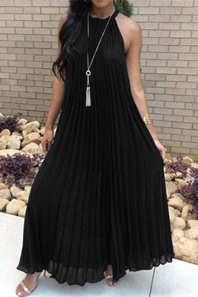 Black Casual Solid Frenulum Pleated O Neck Long Dress Dresses