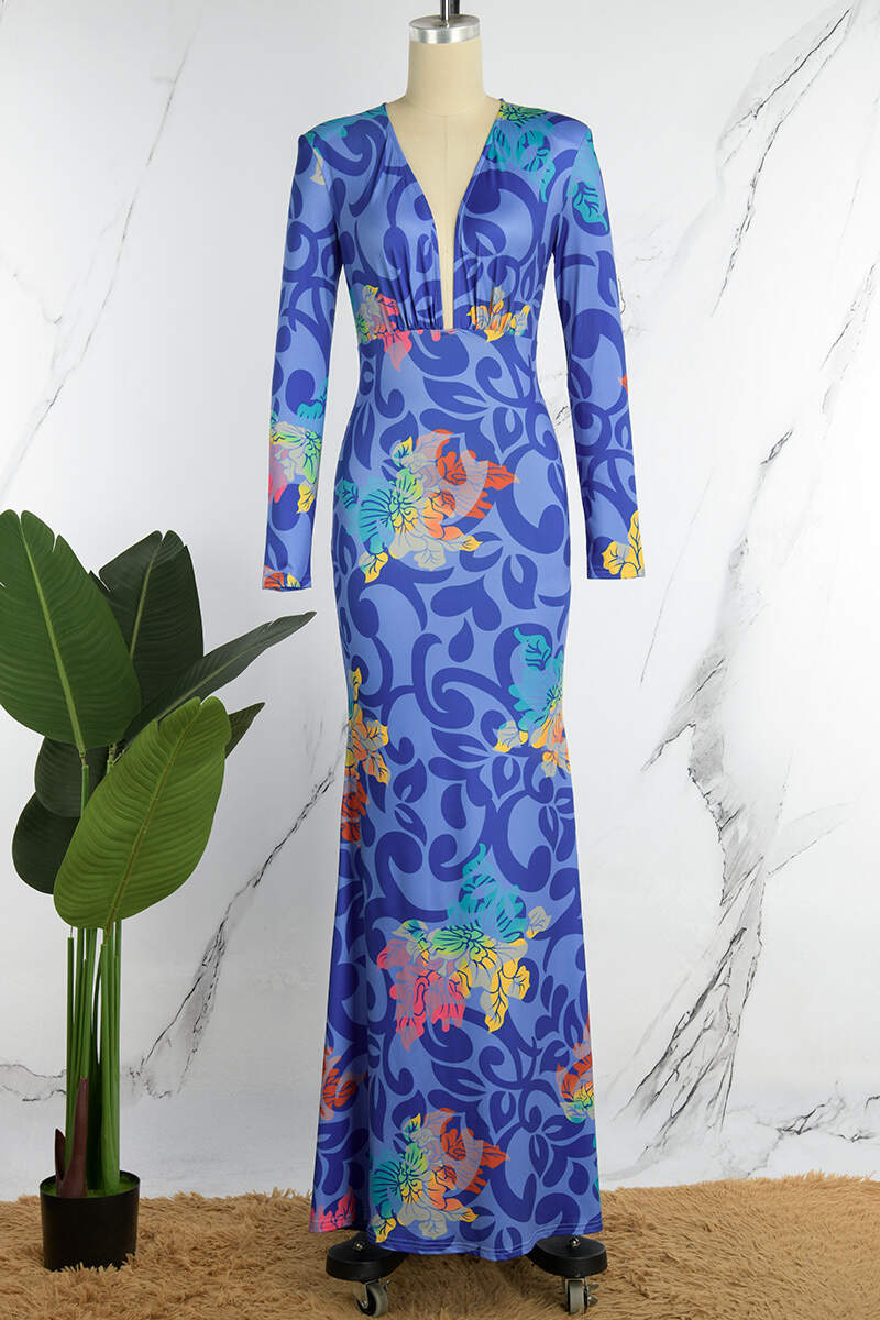 Blue Casual Print Patchwork V Neck Long Dress Dresses