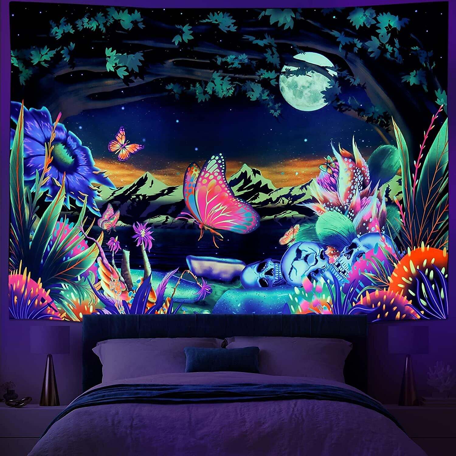 Blacklight Tapestry UV Reactive Trippy Misty Floral Plant Butterfly