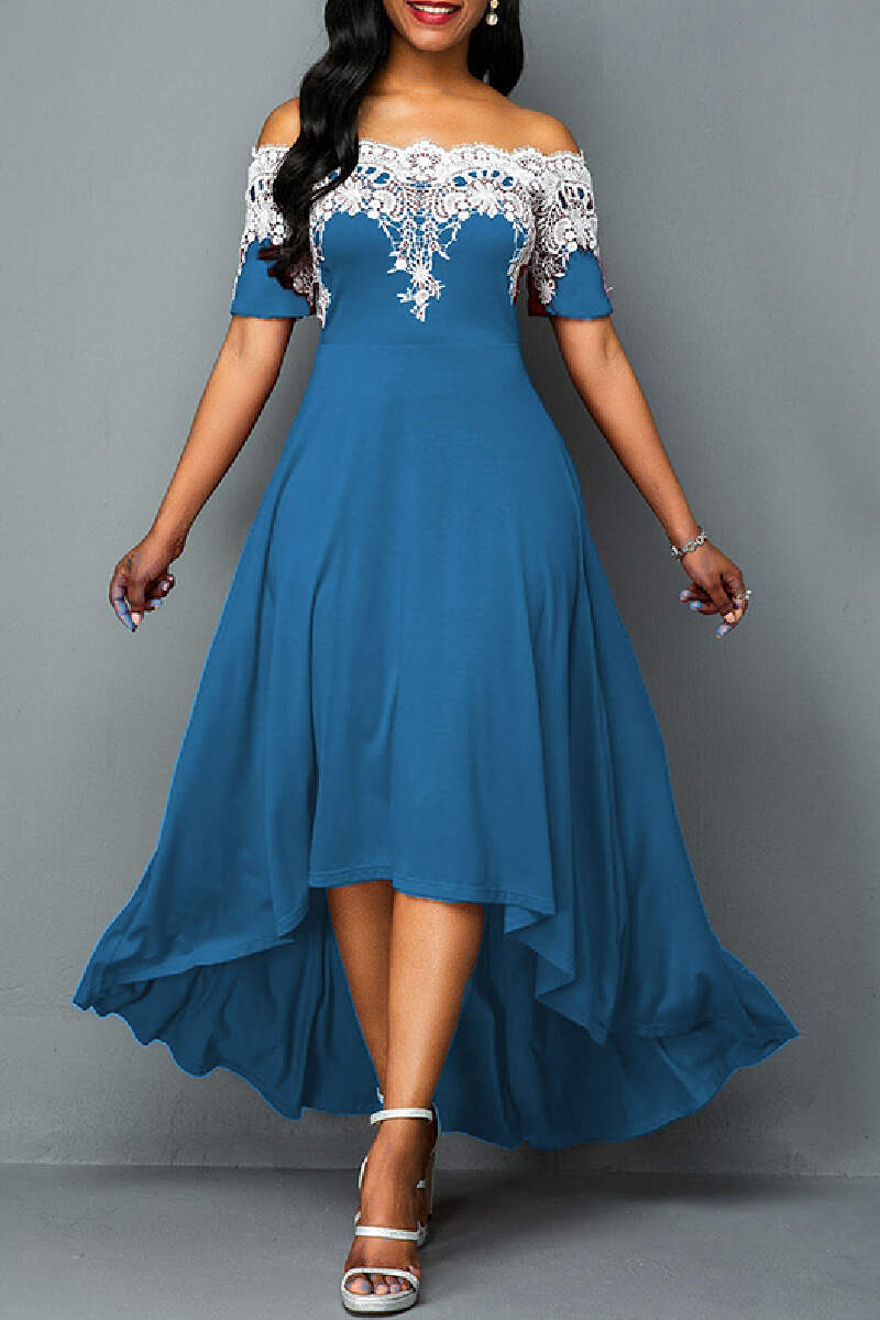 Blue Casual Embroidery Patchwork Off the Shoulder Irregular Dress Dresses