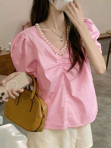 Women Blouses & Shirts | Women Puff Sleeve Solid Pearl Decor V-neck Blouse - HZ74864