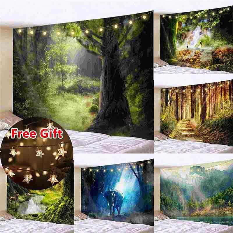 Landscape LED Lights Wall Tapestry Art Decor Forest Sunshine Waterfall Print