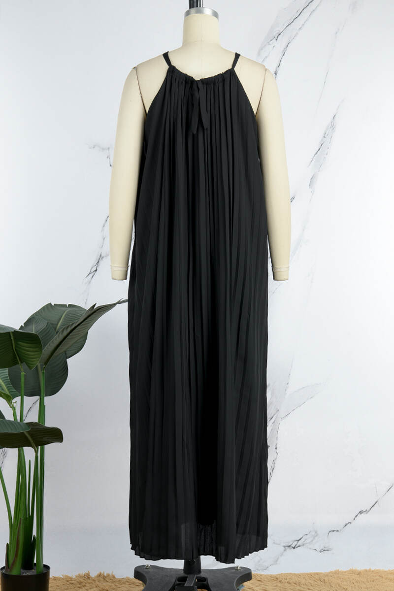 Black Casual Solid Frenulum Pleated O Neck Long Dress Dresses