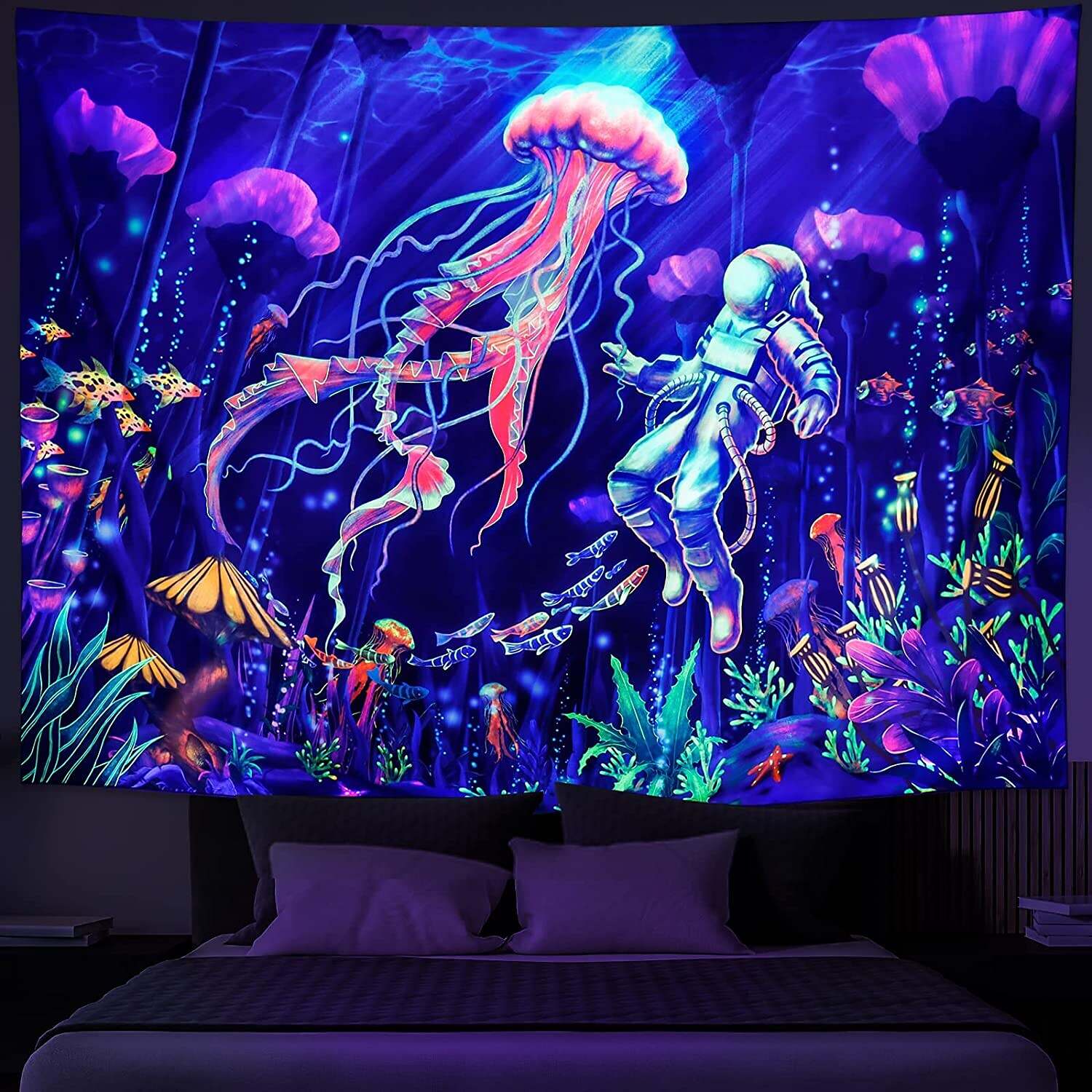 Jellyfish Astronaut Blacklight UV Reactive Tapestry