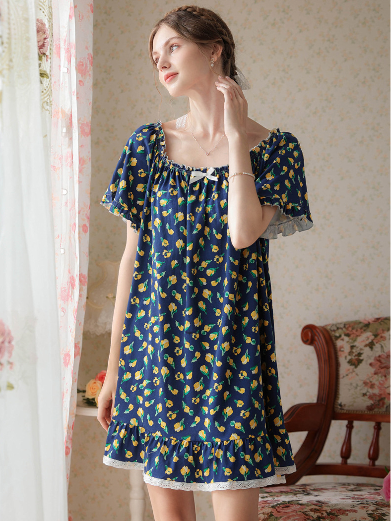 Simple Plain Cotton Floral Others Nightdress