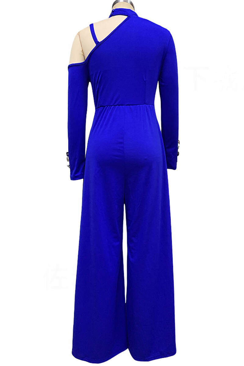 Royal Blue Elegant Solid Patchwork Buttons Metal Accessories Decoration Halter Loose Jumpsuits