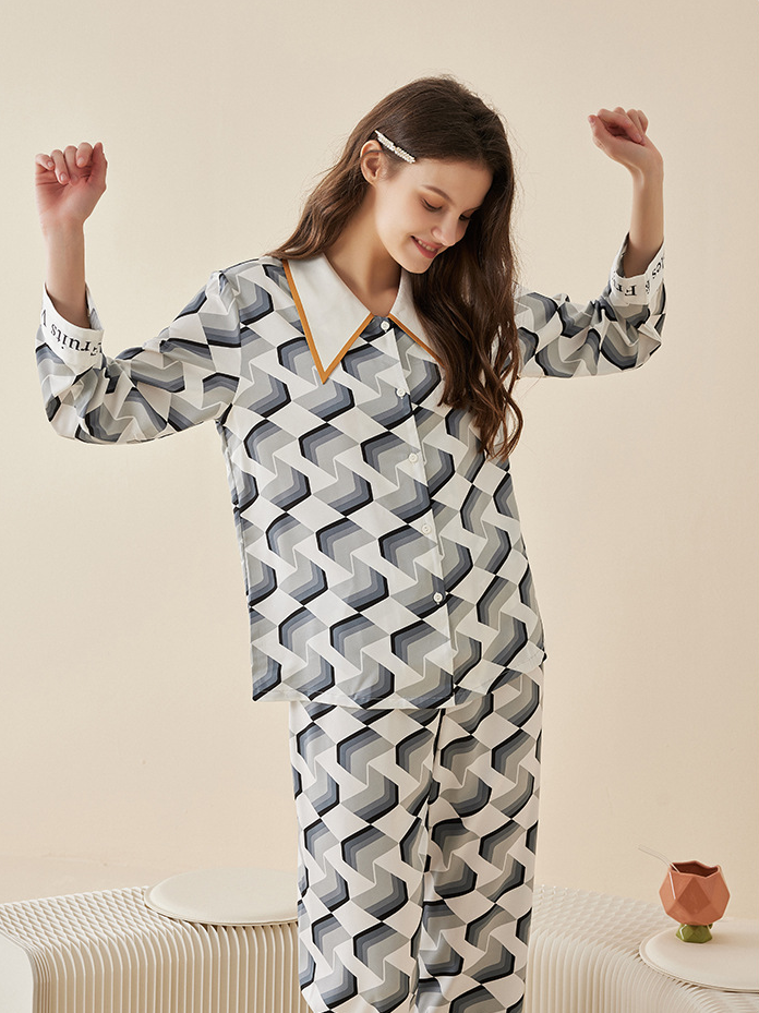 Geometric Print Ice Silk Couple Long Sleeve Pajamas Set