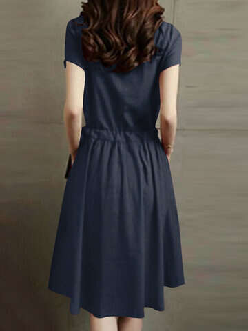 Women Maxi Dresses | Leisure Solid Pocket Drawstring Short Sleeve Cotton Midi Dress - JD46425