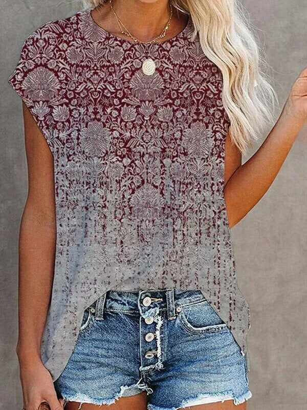 Short Sleeve Printed Crew Neck Summer Top