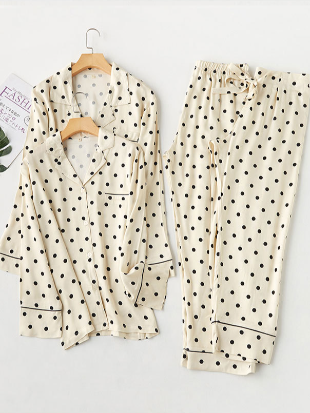 Regular Fit V Neck Polka Dots Elegant Long Sleeve Pajama Set