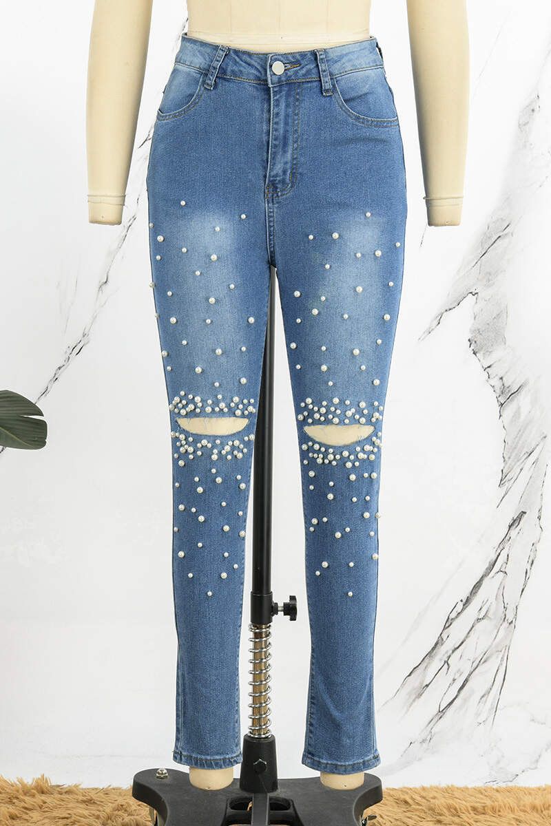 Medium Blue Casual Patchwork Ripped Beading High Waist Skinny Denim Jeans (Subject To The Actual Object)