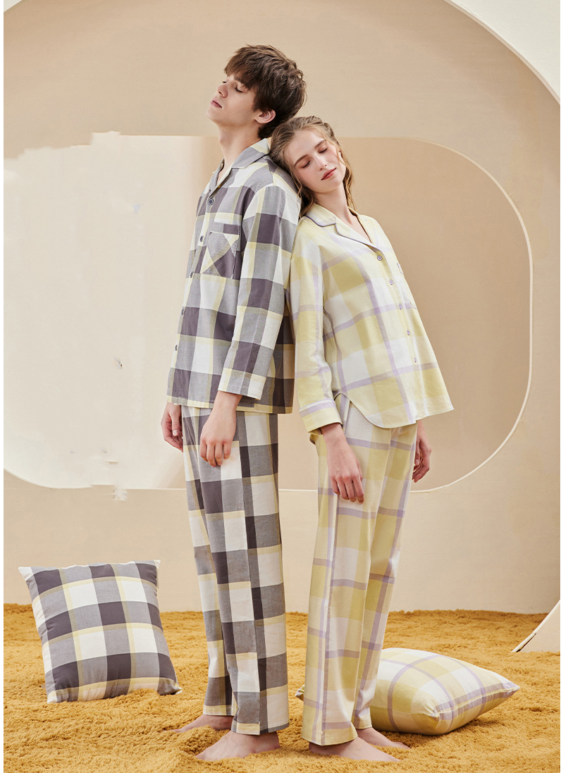 Cotton Regular Fit V Neck Long Sleeve Couple Pajama Set