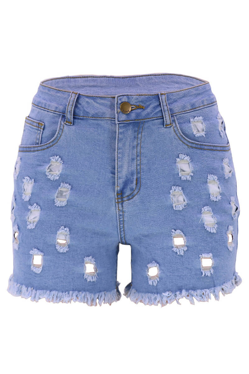 Light Blue Street Solid Hollowed Out Pocket Buttons Zipper Mid Waist Skinny Denim Shorts