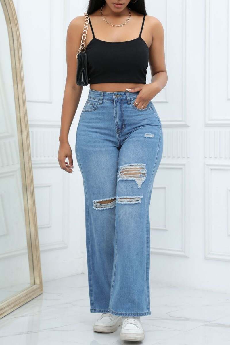 Light Blue Casual Solid Ripped Patchwork High Waist Straight Denim Jeans