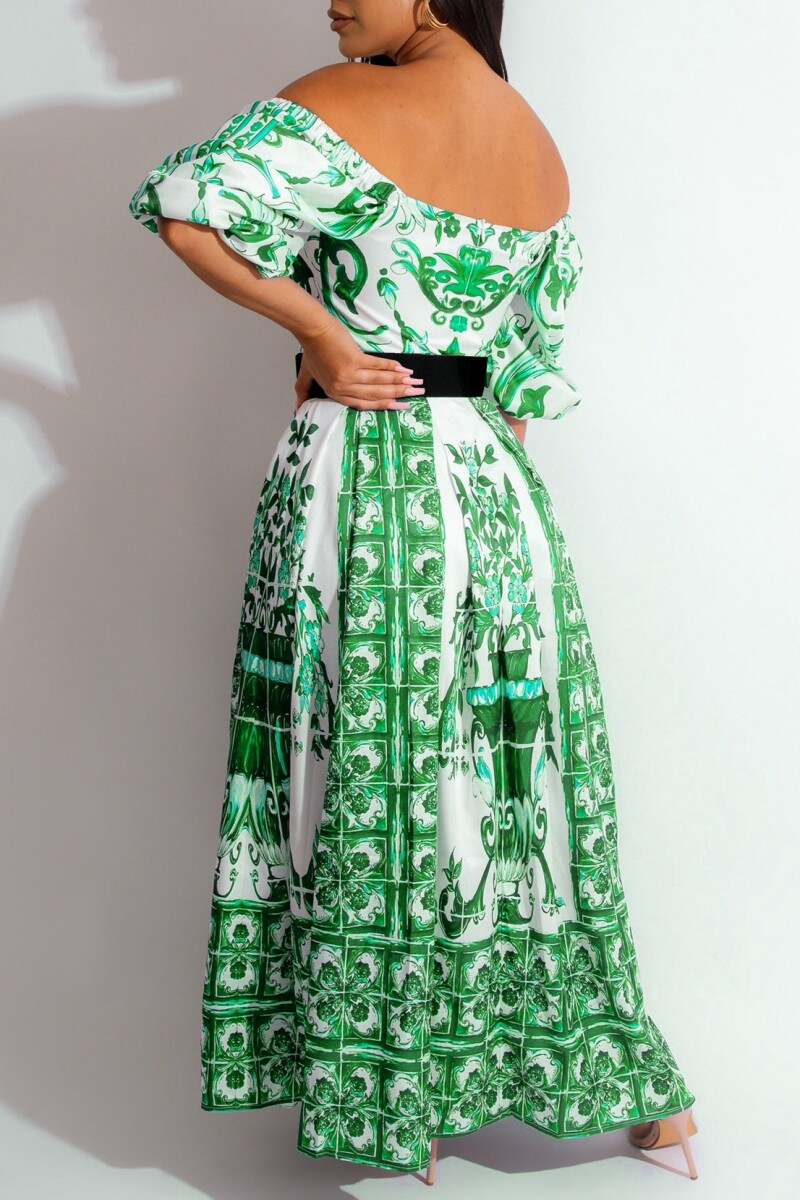 Green Casual Print Patchwork Off the Shoulder Long Dress (Without Belt)