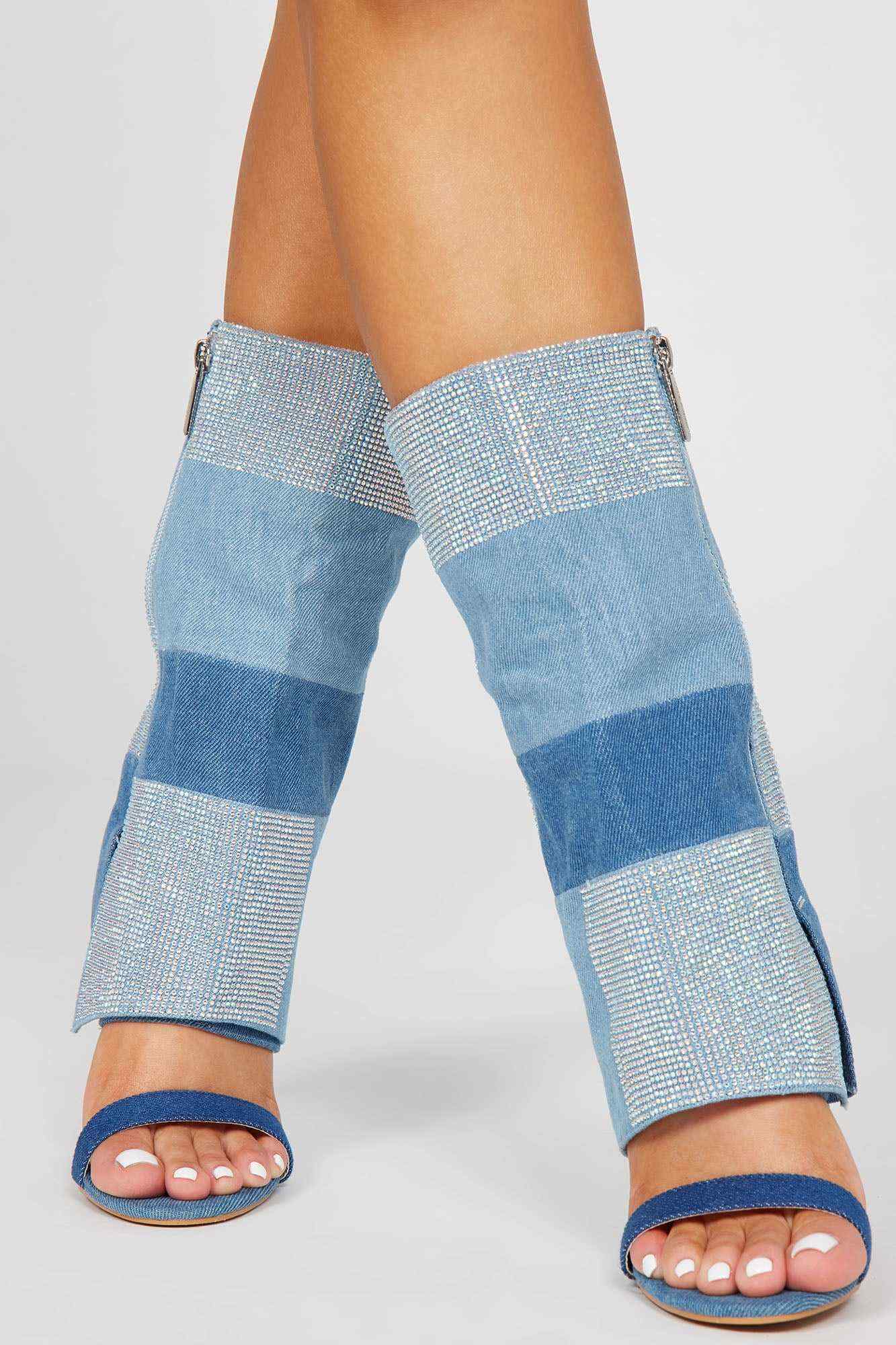 Let s Get Away Knee High Heeled Sandals   Denim