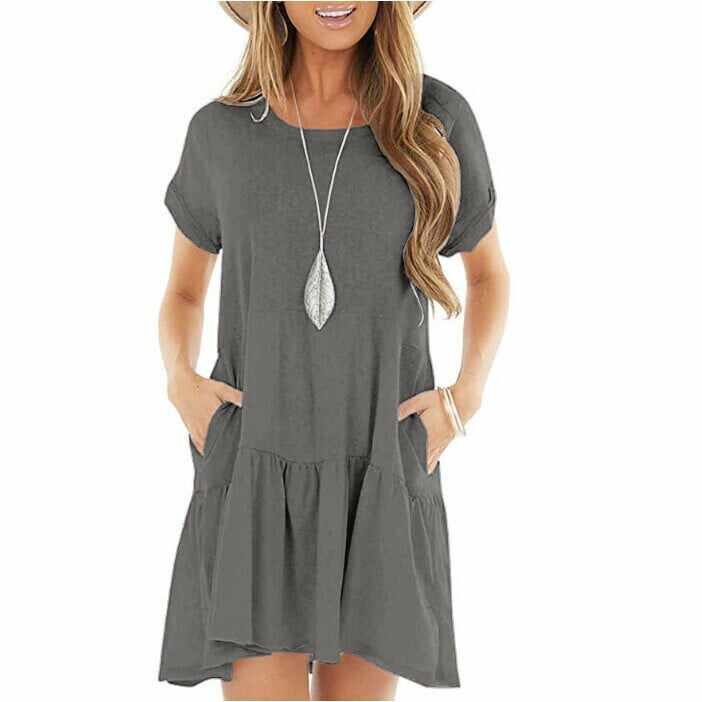 Round neck short sleeve large hem mid-length dress