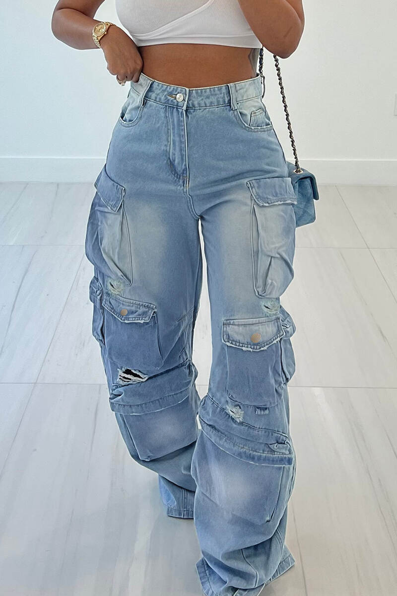 Light Blue Street Solid Ripped Patchwork Pocket Buttons Zipper Mid Waist Straight Denim Jeans