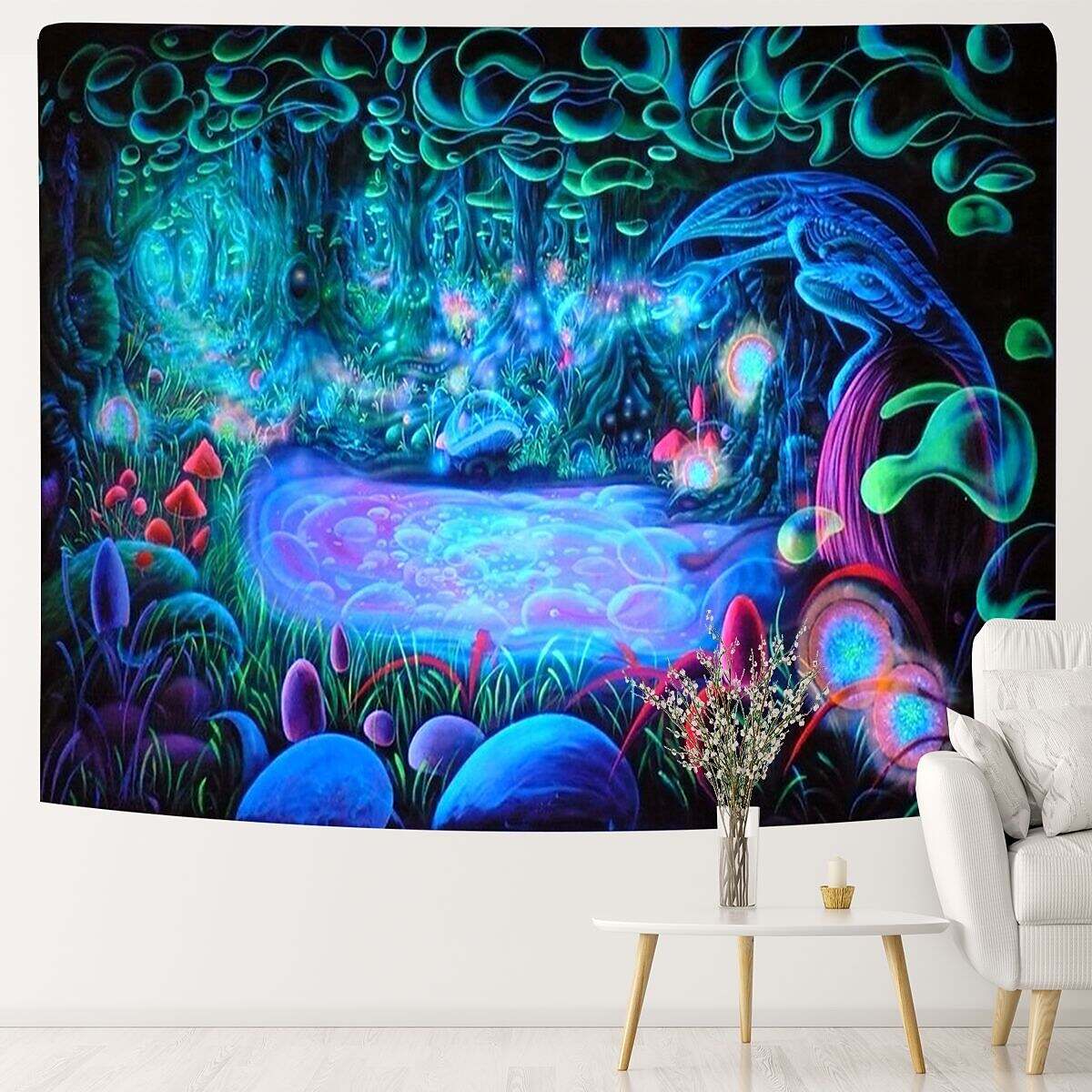 Black UV Light Jellyfish Psychedelic Tapestry