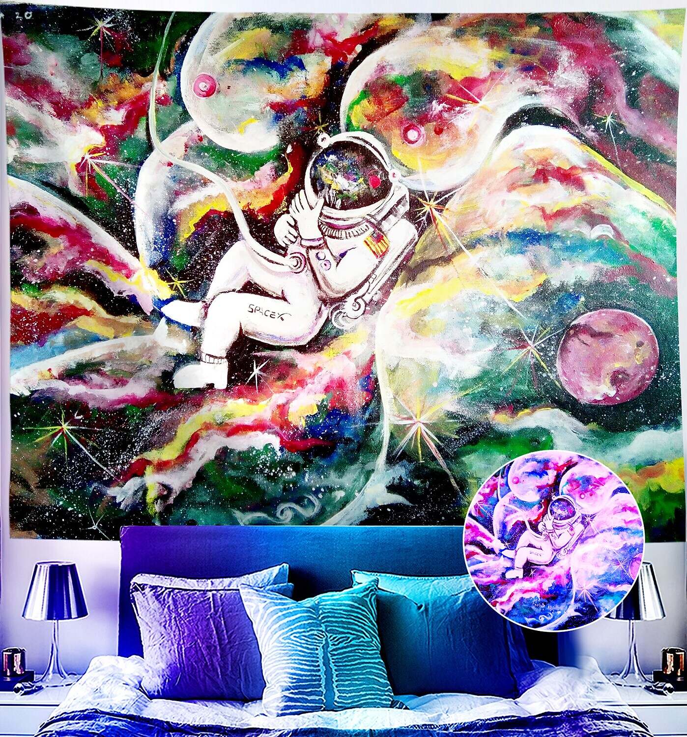 Astronaut Blacklight UV Reactive Wall Tapestry Universe