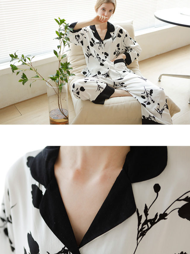 Loose Casual Floral Pattern V Neck Long Sleeve Pajama Set