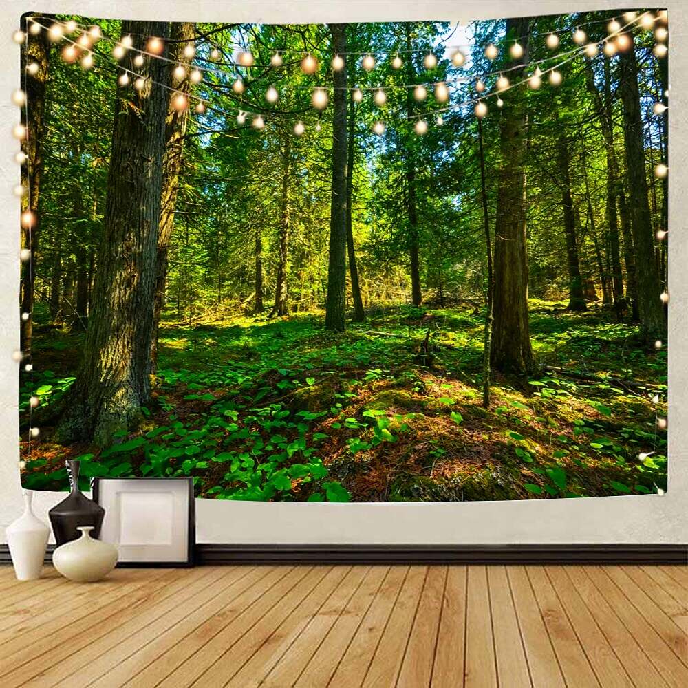 Landscape Tree Wall Tapestry Art Decor Misty Forest Nature Sunshine Through Tree