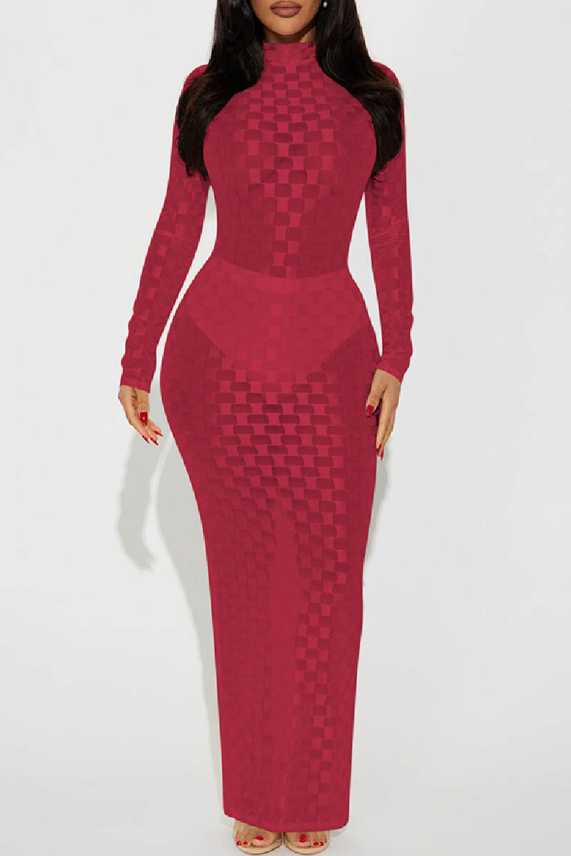 Red Sexy Plaid See-through Turtleneck Long Sleeve Dresses