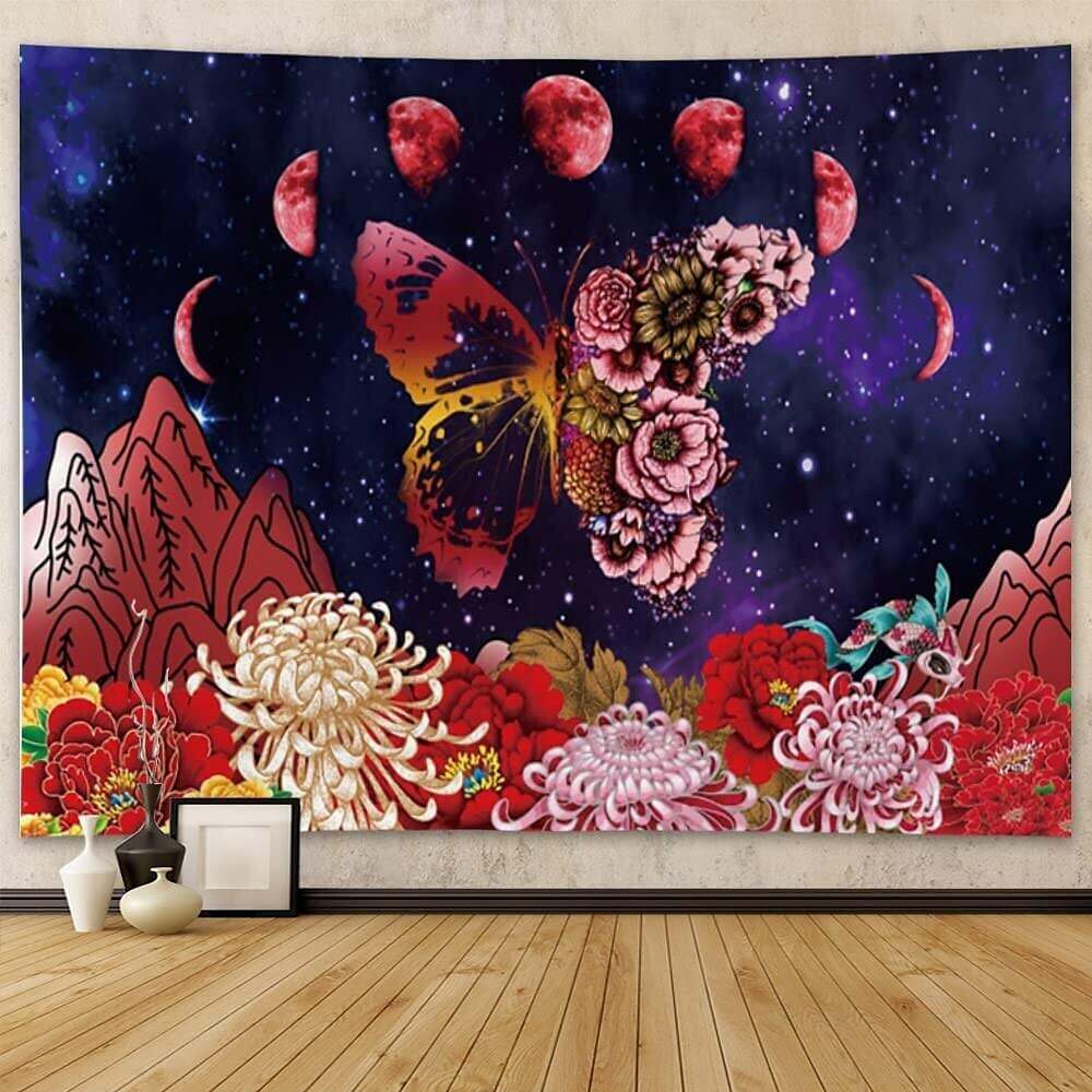 Trippy Wall Tapestry Art Decor Moon Phase Butterfly Flower Wall Hanging