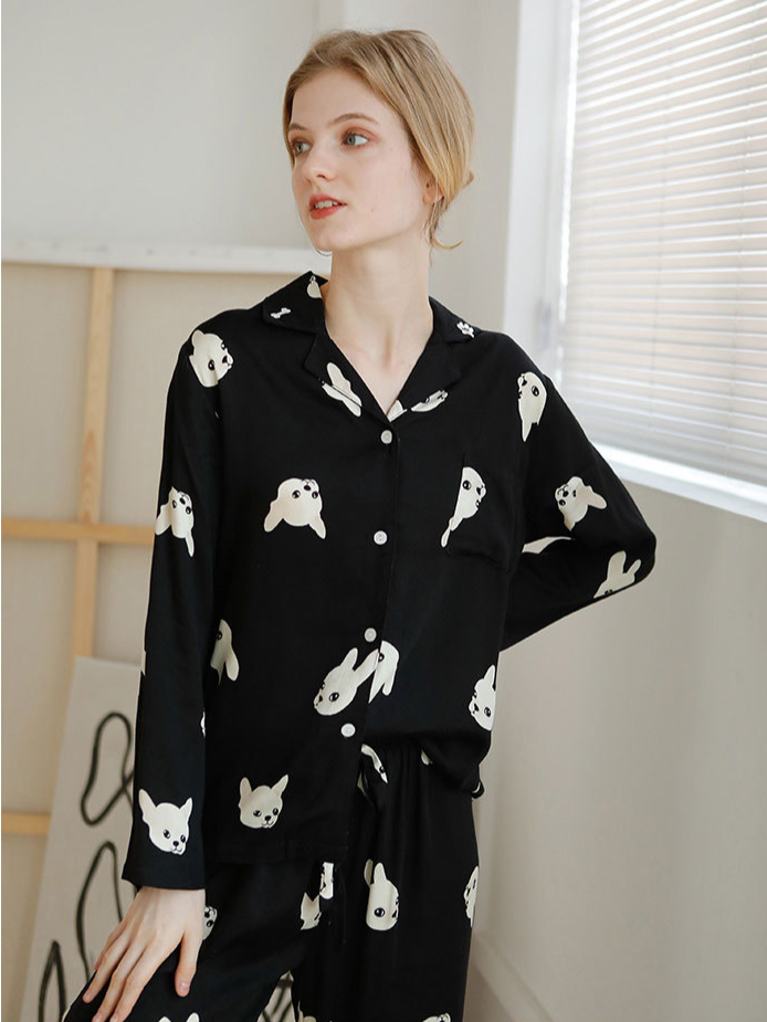 Animal Shawl Collar Simple Regular Fit Long Sleeve Pajama Set