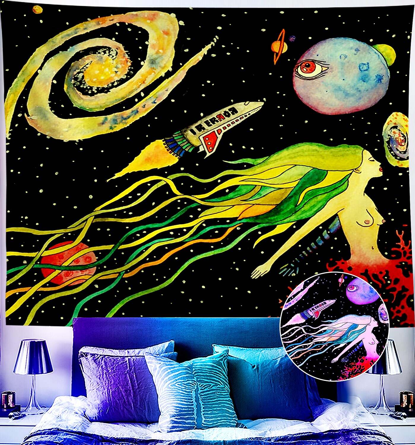 Trippy Blacklight UV Reactive Wall Tapestry Alien Astronaut Psychedelic