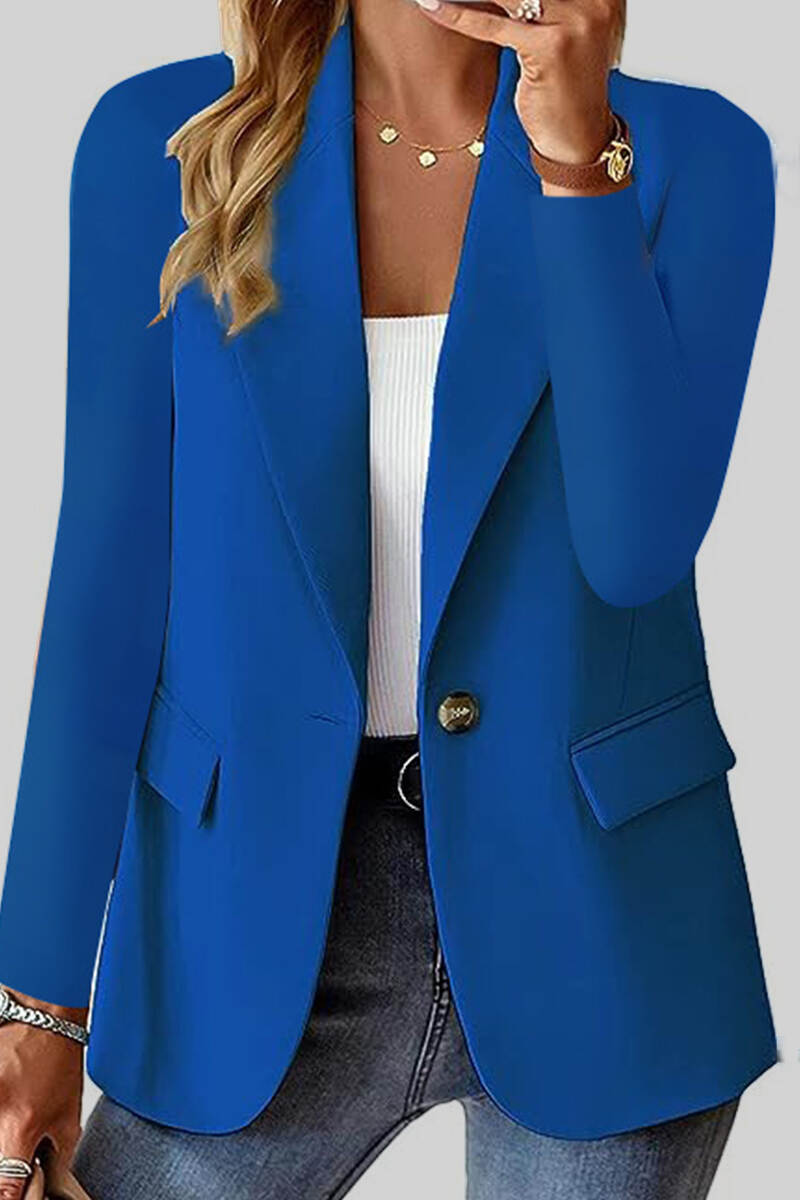 Blue Casual Solid Cardigan Turn-back Collar Outerwear