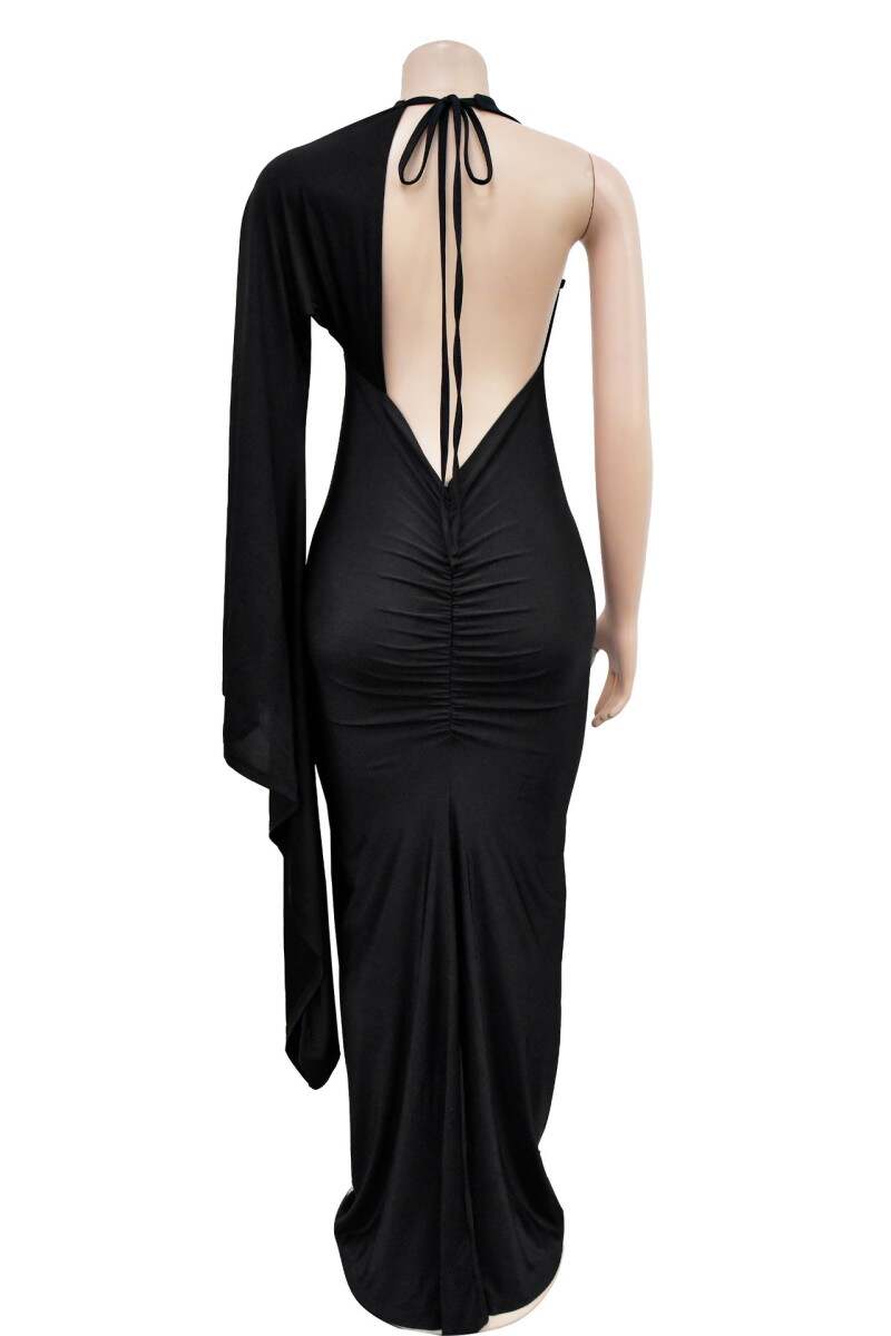 Black Sexy Casual Solid Frenulum Backless Asymmetrical V Neck Long Dress Dresses