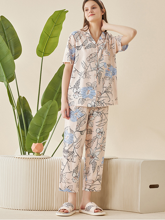 Casual Regular Sleeve Floral Regular Fit Short Sleeve Pajama Set