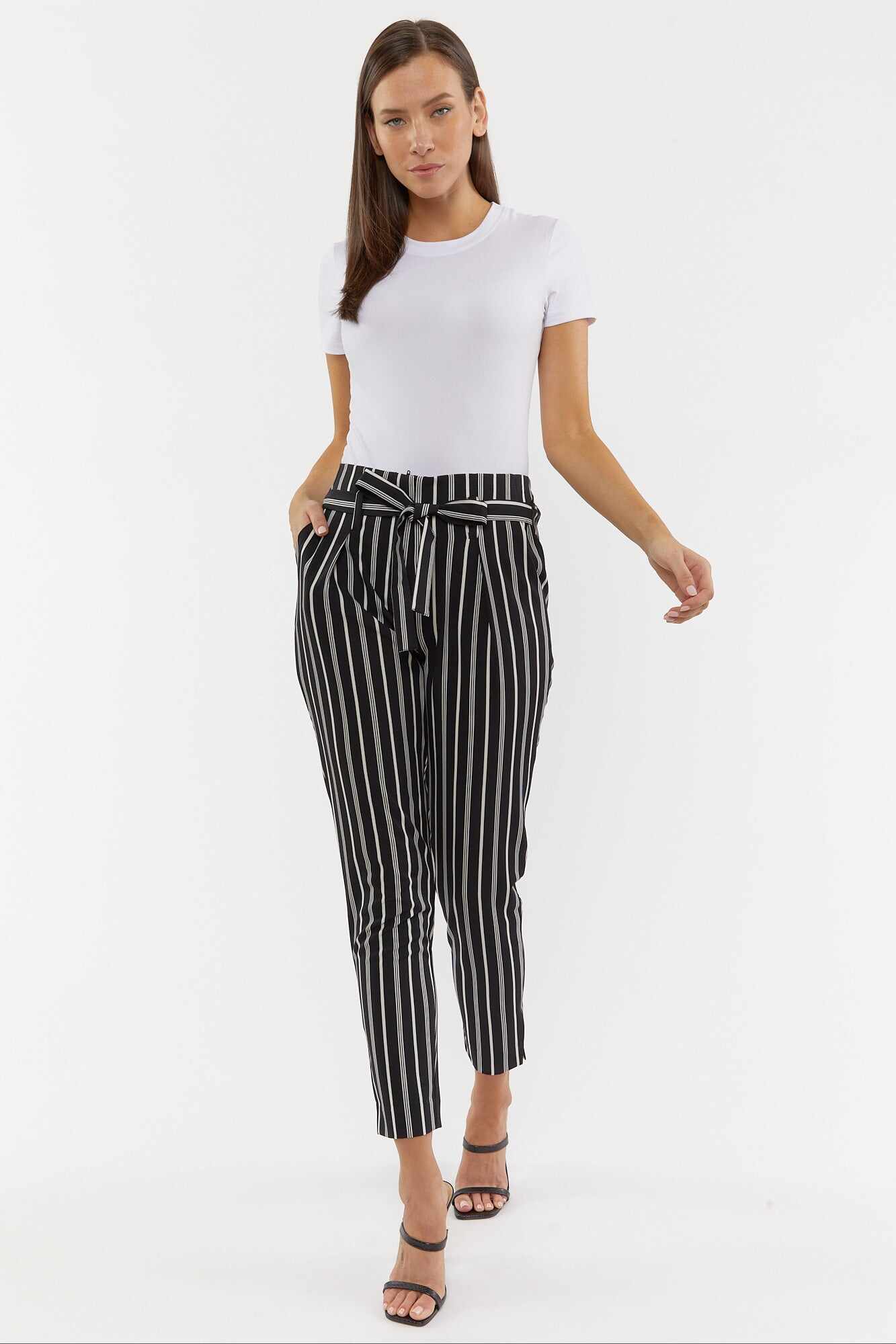 Women Apparel | Paperbag Striped Pants Black with White Forever21 - RL21728