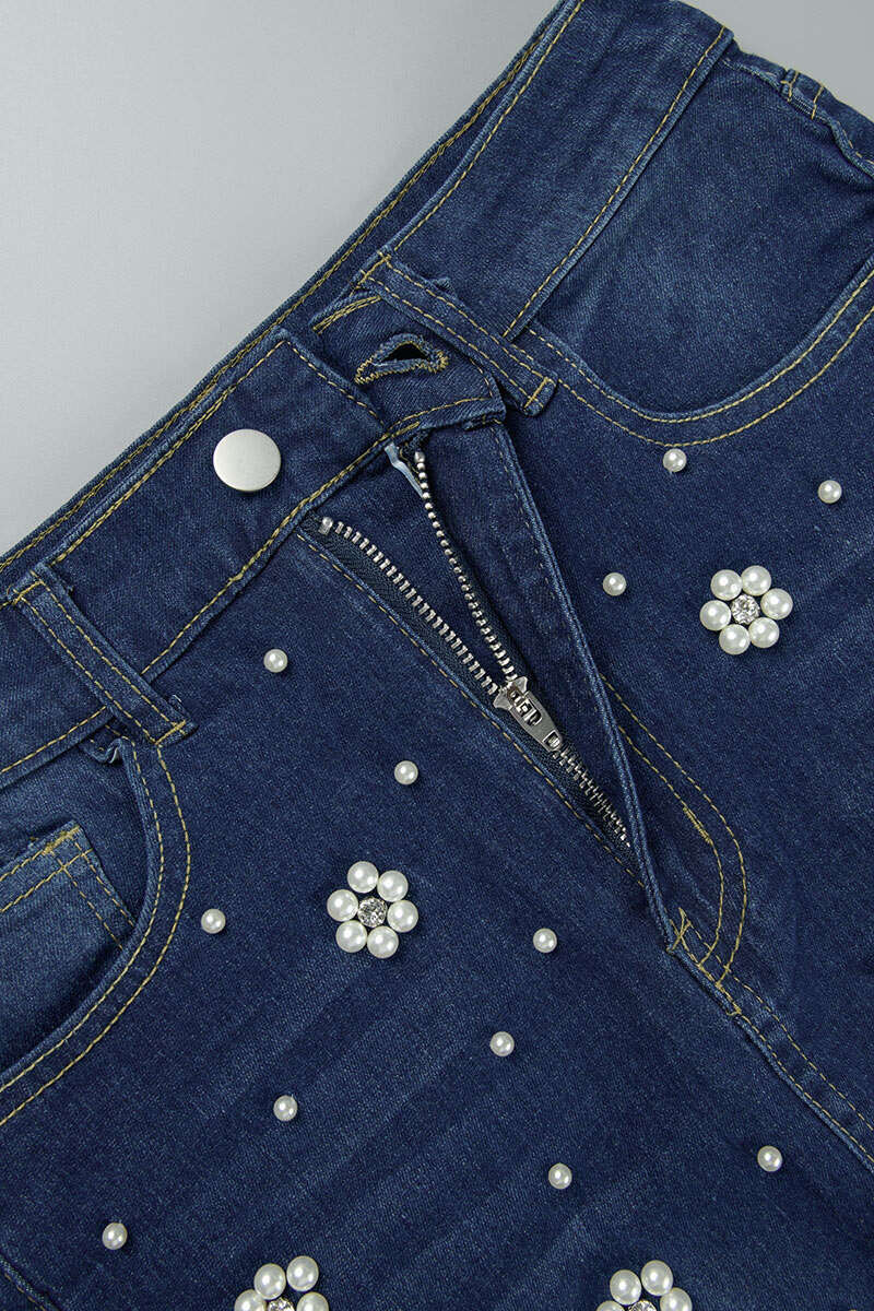 Dark Blue Casual Patchwork Pearl High Waist Regular Denim Skirts