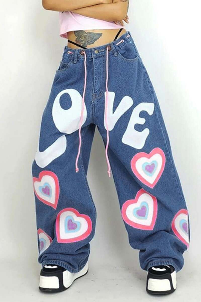 Blue Casual Letter Print Basic Mid Waist Regular Denim Jeans