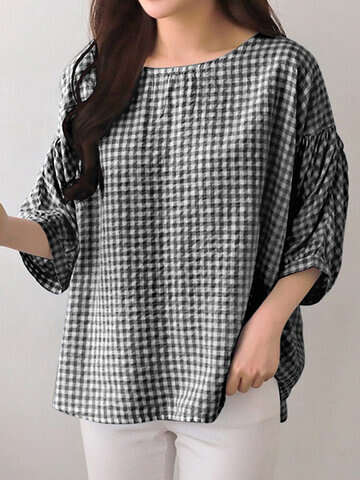 Women Blouses & Shirts | Check Print Crew Neck 3/4 Sleeve Casual Loose Blouse - YB04320