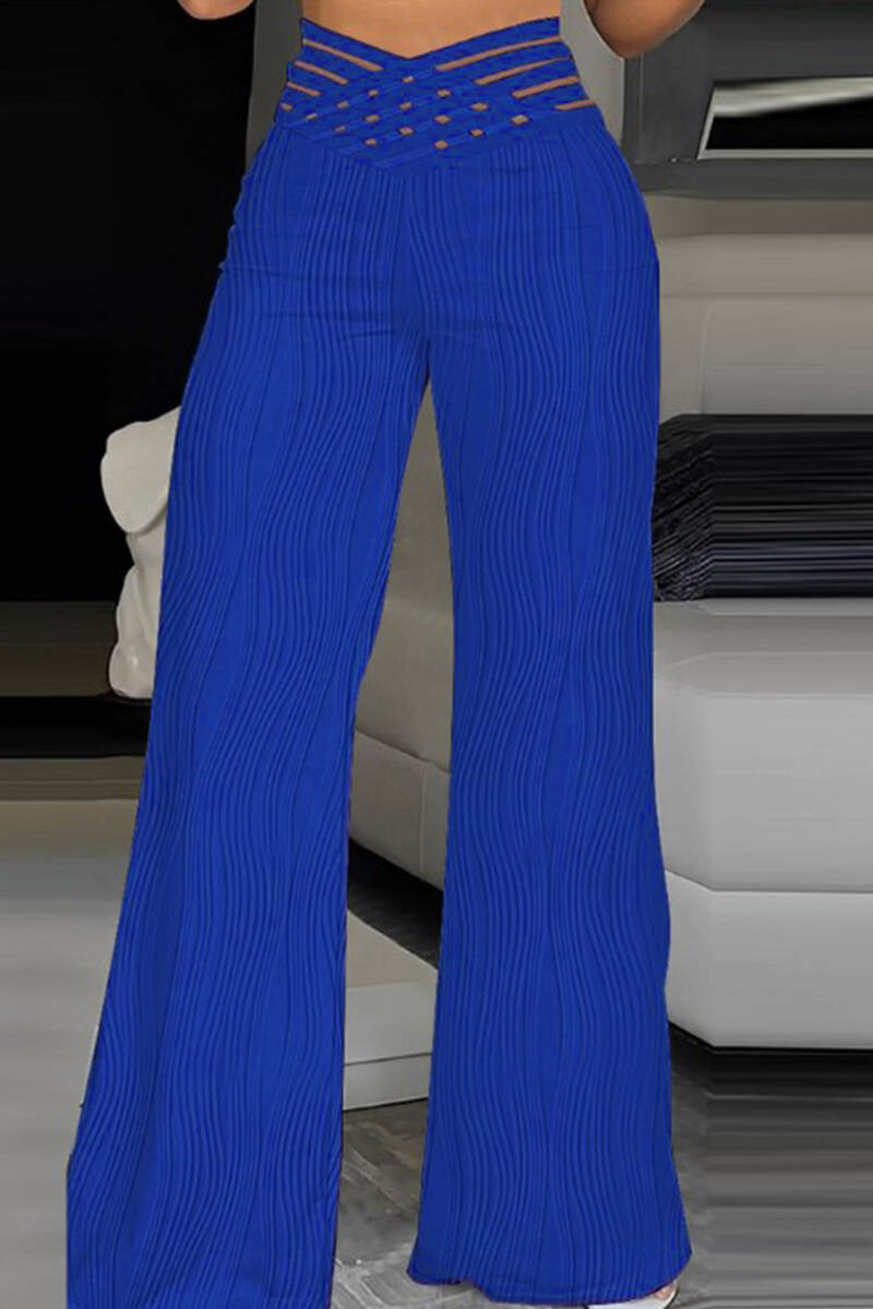 Blue Casual Solid Patchwork Regular High Waist Conventional Solid Color Trousers