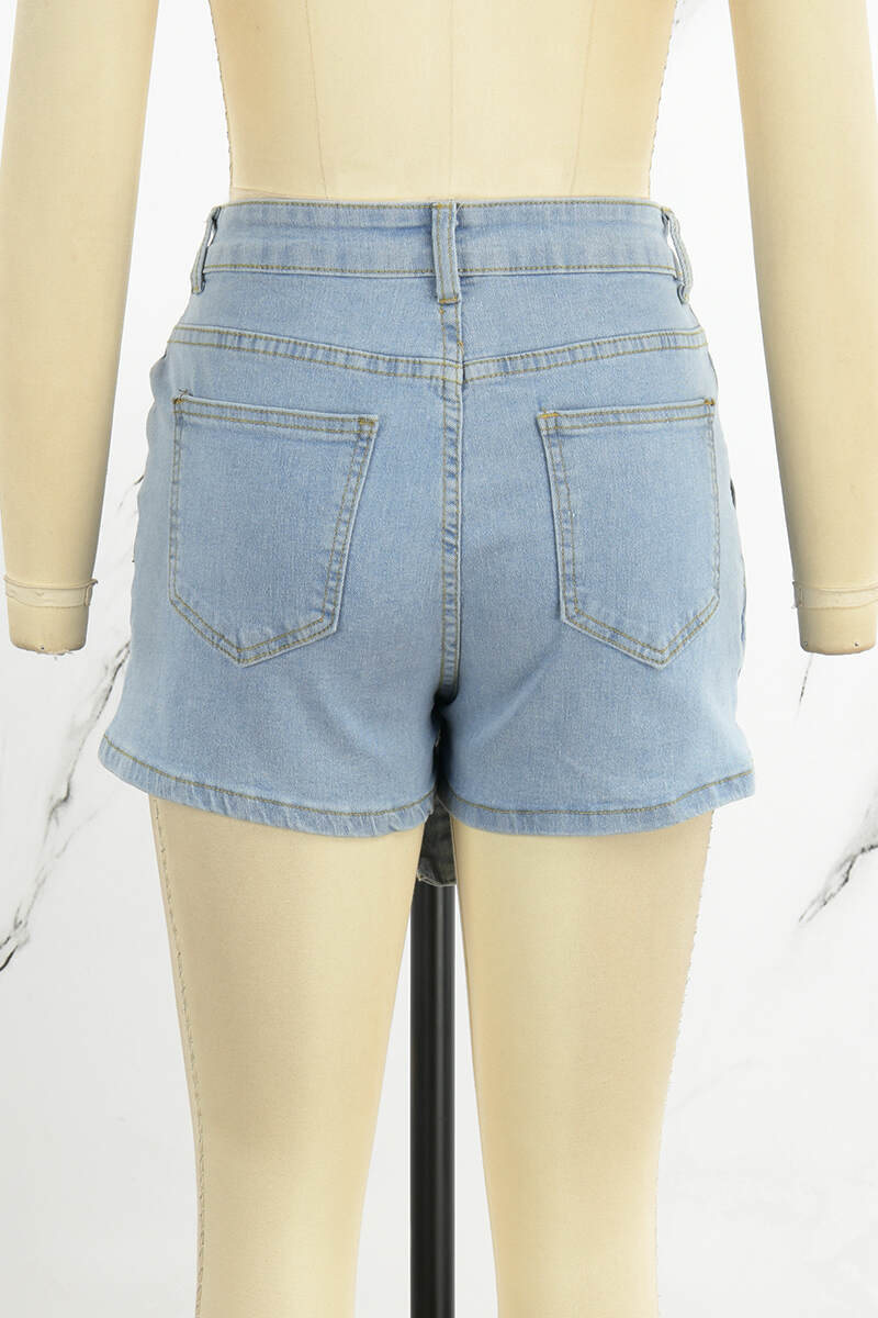 Light Blue Street Solid Patchwork Pocket Buttons Mid Waist Regular Denim Shorts