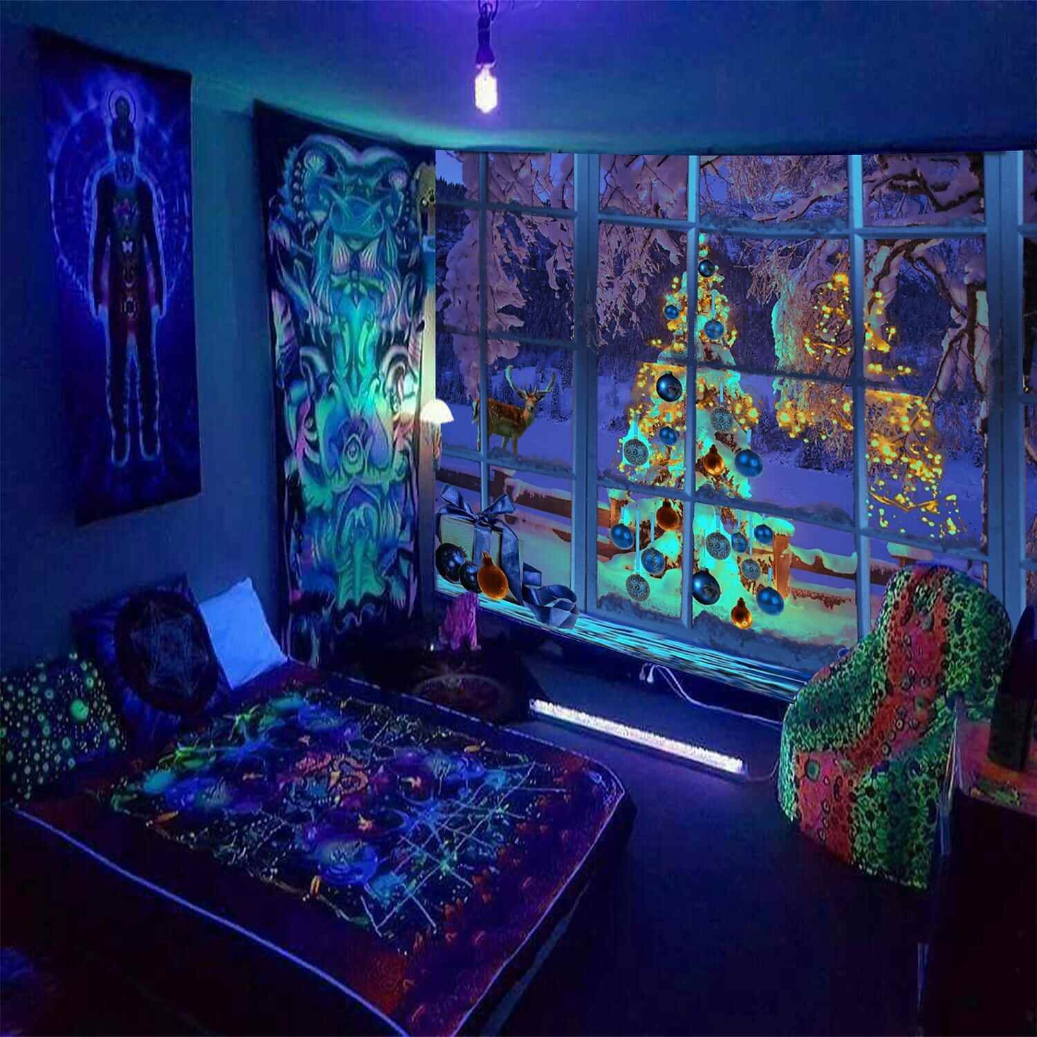 Christmas Blacklight UV Reactive Tapestry Dormitory Living Room Art Decoration