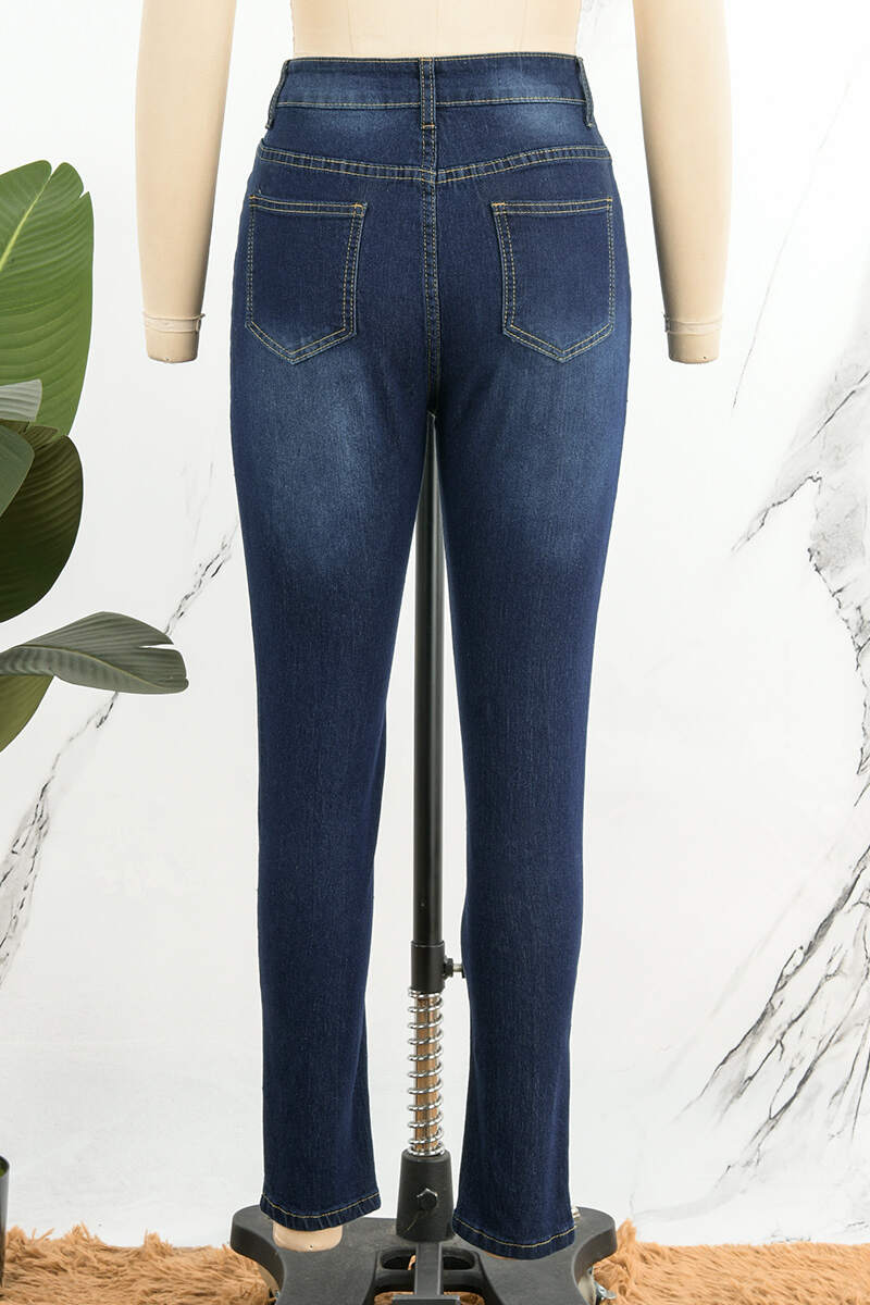 Deep Blue Casual Solid Patchwork High Waist Skinny Denim Jeans