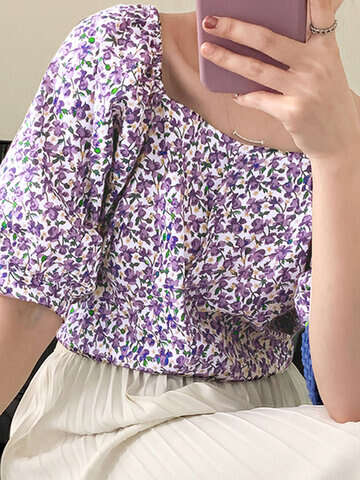 Women Blouses & Shirts | Floral Print Puff Sleeve Square Collar Women Blouse - MU21402