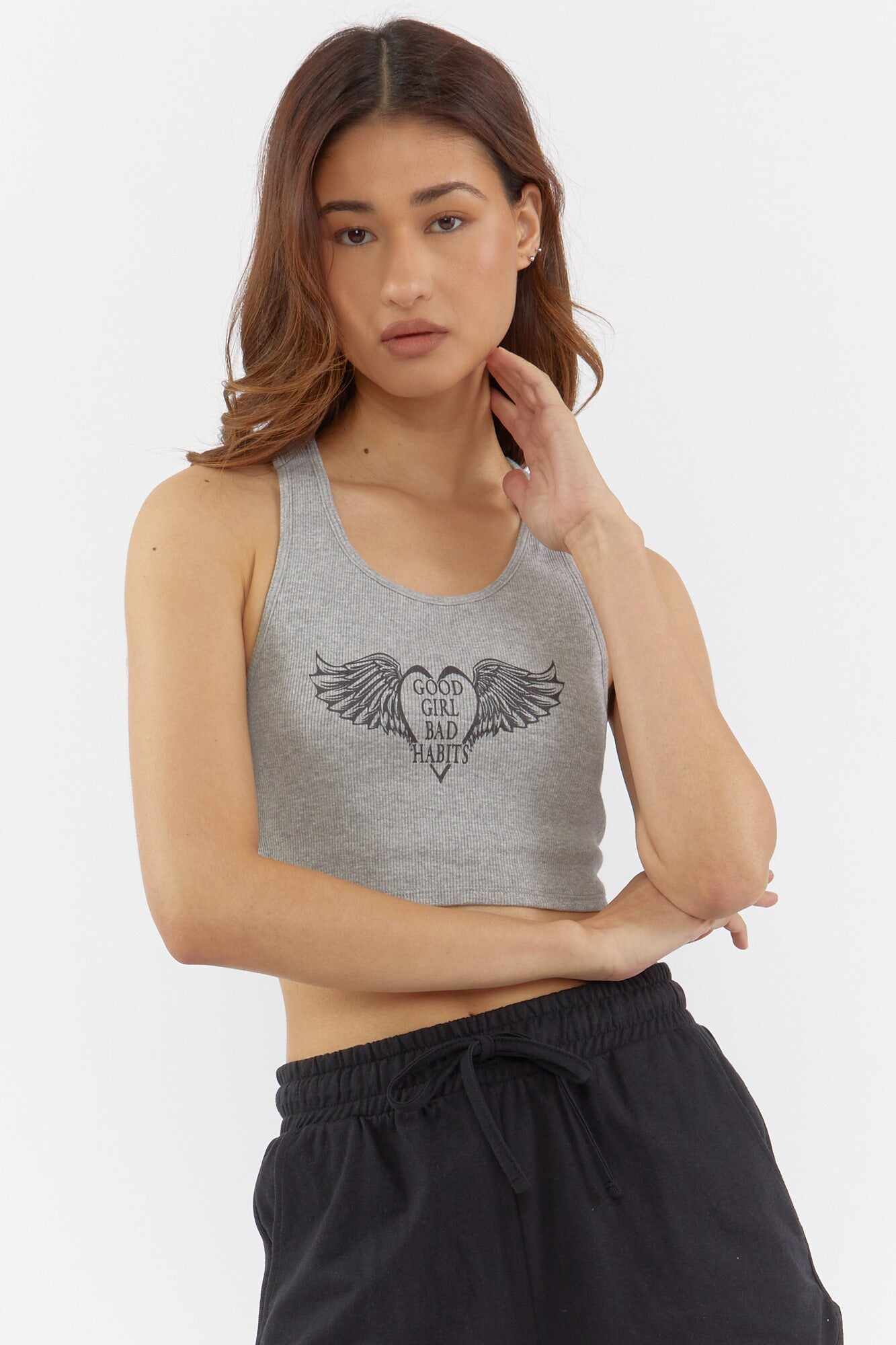 Women Apparel | Ribbed Graphic Cropped Tank Top Taupe Forever21 - BG50761