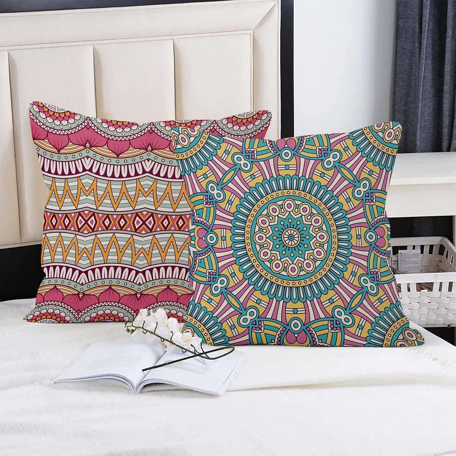 Floral Mandala Bohemian Double Side Pillow Cover 4PC Soft Decorative Square Cushion Case Pillowcase for Bedroom Livingroom Sofa Couch Chair