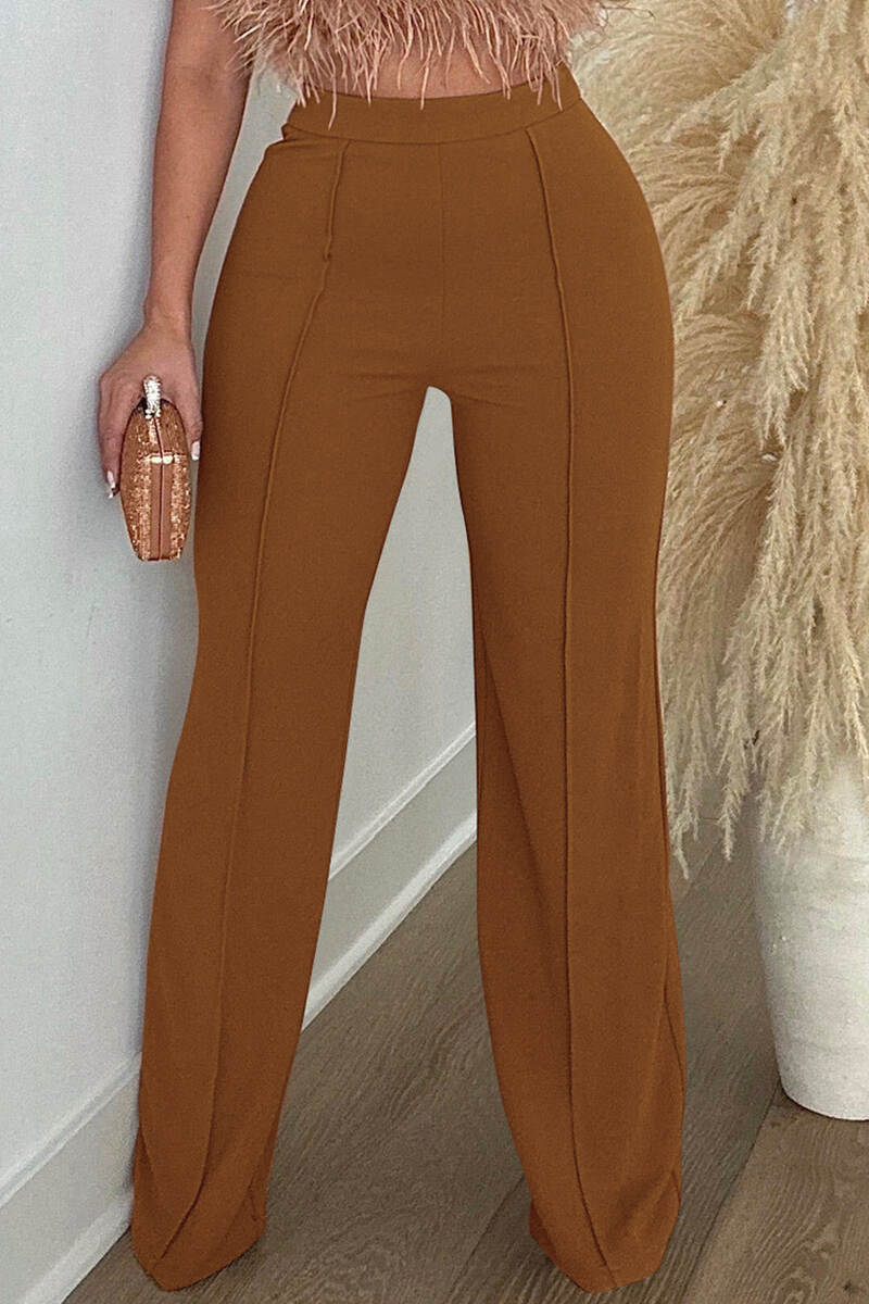 Coffee Casual Solid Basic Regular High Waist Conventional Solid Color Trousers