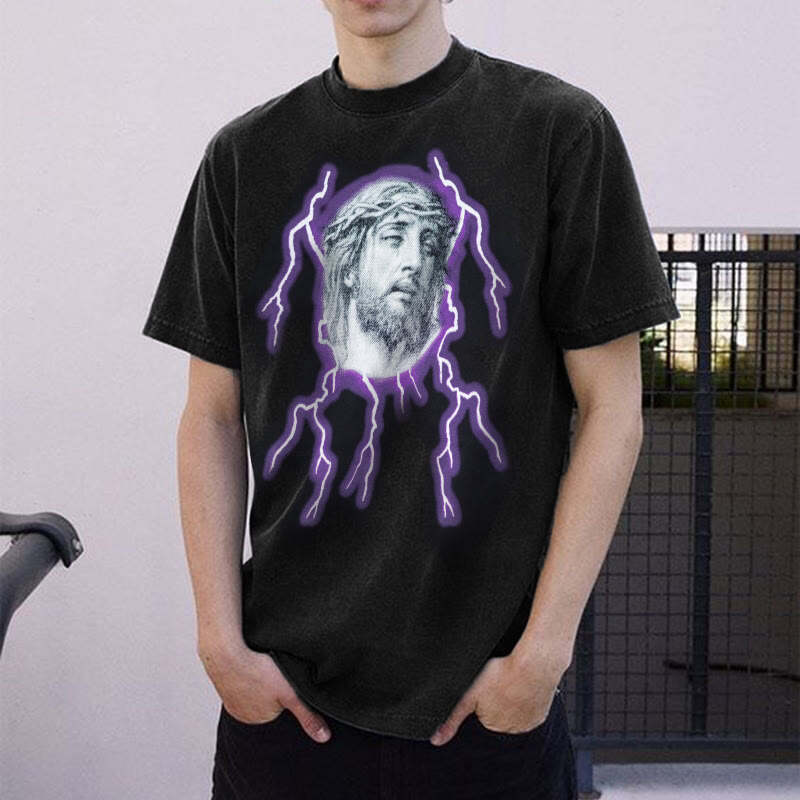 Jesus Lightning Print Short Sleeve T-shirt