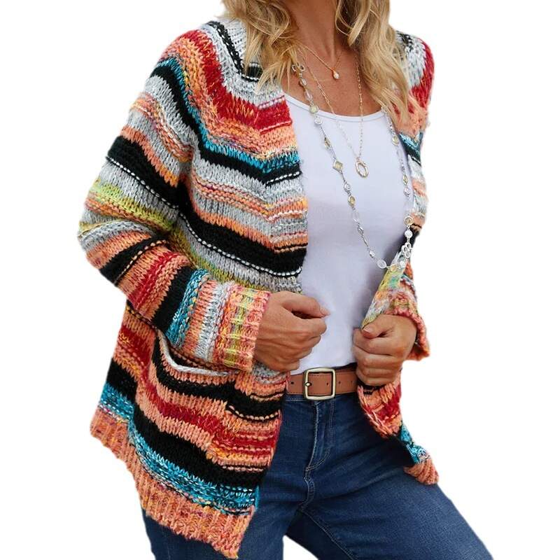 Knitted Women's Rainbow Stripe Sweater Jacket